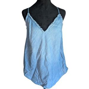 Anthropologie Cloth & Stone Tencel Cami Tank Top L Frayed Edge Denim Chambray